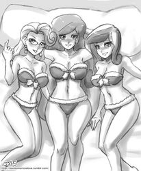 3girls big_breasts bra breasts christmas cleavage dean_cadance earrings equestria_girls female friendship_games friendship_is_magic glasses human humanized inviting john_joseco lingerie long_hair looking_at_viewer mature_female monochrome multiple_girls my_little_pony navel panties princess_cadance_(mlp) princess_celestia_(mlp) principal_celestia principal_cinch smooth_skin wide_hips