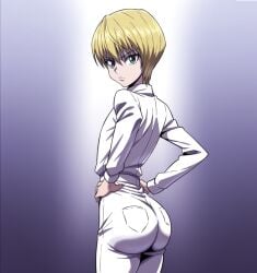 1boy ai_generated arched_back ass ass_focus femboy hunter_x_hunter kurapika looking_at_viewer pants papagaimon simple_background solo tight_fit trap white_background