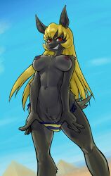 2023 absurd_res anthro anubiel_(mario-grant) bikini_bottom_down black_body black_fur blonde_hair blue_sky breasts canid canine canis countershade_torso countershading desert female fur genitals grin hair hi_res jackal looking_at_viewer mammal mario-grant nipples pussy pyramid red_eyes sky smile solo