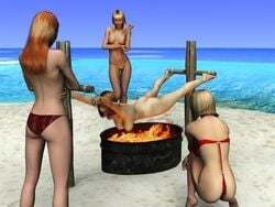 3d 4girls barbecue beach bikini blonde_hair breasts brown_hair cooked cooking dazer fire gynophagia nipples nude pain red_hair restrained sea smile suspension topless