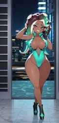 ai_generated aianonguy balcony blush cleavage cosplay dark_skin female_only jade_(mortal_kombat) jade_(mortal_kombat)_(cosplay) legs marina_(splatoon) mortal_kombat nintendo self_upload solo_female splatoon splatoon_(series) splatoon_2 stable_diffusion thick_thighs