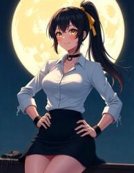 ai_generated aikawa_shuuko black_hair ecstas_online golden_eyes moon moonlight office_lady ponytail