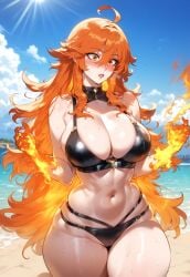 1girls ahoge ai_generated bangs bare_shoulders beach bikini black_bikini black_swimsuit blue_sky blush breasts choker clavicle cleavage clothing cloud cowboy_shot curvaceous curvaceous_female curvaceous_figure curvy curvy_figure day female female female_focus female_only fiery_hair fire flame genshin_impact gradient_hair hair_between_eyes halterneck hoyoverse huge_breasts jewelry large_breasts lips lipstick long_hair looking_at_viewer mavuika_(genshin_impact) miyuai navel ocean open_mouth orange_eyes orange_hair outdoors parted_lips sand shiny shiny_skin skindentation sky smile solo standing stomach sun sweat swimsuit thick_thighs thighs very_long_hair voluptuous voluptuous_female water wet wide_hips