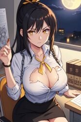 ai_generated aikawa_shuuko big_breasts black_hair ecstas_online golden_eyes office_lady ponytail torn_clothes yellow_ribbon