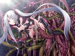 armor arms_behind_back blush bruise closed_mouth divine_heart_karen:_kantsui_sennou_no_wana game_cg head_wings injury kurusu_aria long_hair one_eye_closed pink_eyes plant portion rape restrained solo sunbeam suspension tentacle thorn tied_hair twintails very_long_hair white_hair wings wounded