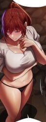 arm_under_breasts bare_arms bare_belly bare_legs bare_thighs belly_button big_breasts black_panties blue_eyes blush breasts cleavage closed_mouth collarbone embarrassed ero404 khalissa_(milf_hunting_in_another_world) long_hair manhwa mature_female milf_hunting_in_another_world navel_cutout panties ponytail pornhwa red_hair shiny_skin shirt_lift short_sleeves thighs underwear webtoon