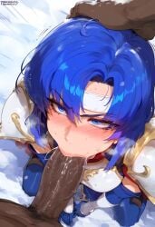 ai_generated angry blowjob blue_eyes blue_hair catria_(fire_emblem) fire_emblem fire_emblem_shadow_dragon from_above hand_on_head kneeling rudey_ai