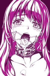 1girls 2d blush bondage collar collarbone crying crying_with_eyes_open cum cum_in_mouth cumdrip female fish.boy gag monochrome open_mouth solo tears tongue tongue_out