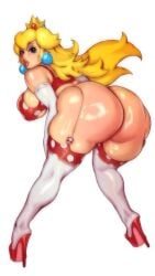 ass bent_over blonde_hair blue_eyes breasts clothing crown curvaceous earrings elbow_gloves female female_only footwear from_behind gloves headwear high_heels huge_ass huge_breasts jewelry large_ass large_breasts legwear lips lipstick long_hair looking_at_viewer looking_back makeup mario_(series) mario_bros negarobo nintendo pink_lips platform_footwear platform_heels plump princess_peach shiny shiny_skin shoes sideboob simple_background solo strap_gap super_mario_bros. thick_lips thick_thighs thigh_squeeze thighhighs thighs white_background white_gloves white_thighhighs wide_hips