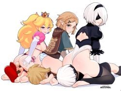 3boys 3girls ass blonde_hair blue_eyes breasts crossover feet hairband highleg highleg_leotard jewelry leotard link long_hair mario mario_(series) multiple_boys multiple_girls nier:_automata nier_(series) no_shoes pointy_ears ponytail princess_peach princess_zelda rezodwel short_hair simple_background sitting sitting_on_face sitting_on_person soles stirrup_legwear straight the_legend_of_zelda the_legend_of_zelda:_tears_of_the_kingdom toeless_legwear toes white_background white_hair yorha_2b yorha_9s