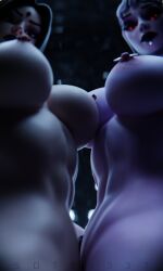 2girls 3d abs athletic_female big_breasts blurry_background breast_focus breasts dc dusk_(fortnite) female female_only fortnite fortnite:_battle_royale lipstick looking_at_viewer looking_down navel nipple_piercing nipples raven_(fortnite)_(dc) red_eyes sotb1337 tagme