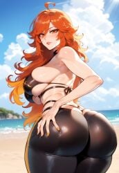 1girls ahoge ai_generated ass ass_focus back bangs bare_arms bare_shoulders beach bikini black_bikini black_pants black_swimsuit blue_sky blush breasts cleavage clothing cloud cloudy_sky cowboy_shot curvaceous curvaceous_female curvaceous_figure curvy curvy_figure day female female female_focus female_only from_behind genshin_impact grabbing_own_ass hair_between_eyes hoyoverse huge_ass huge_breasts inviting inviting_to_sex jewelry large_ass large_breasts lips long_hair looking_at_viewer looking_back mavuika_(genshin_impact) miyuai multicolored_hair nail_polish ocean orange_eyes orange_hair orange_nails outdoors pants parted_lips presenting presenting_ass presenting_breasts presenting_hindquarters presenting_self red_eyes red_hair sand seductive seductive_look seductive_smile shiny shiny_clothes shiny_skin shore sideboob skindentation sky smile solo standing swimsuit thick_thighs thighs tight tight_pants very_long_hair voluptuous voluptuous_female water wide_hips