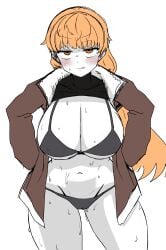 angry annoyed big_breasts bikini blonde_hair blush bomber_jacket cameltoe cleavage curvy embarrassed fear_and_hunger fear_and_hunger:_termina female female_only hands_in_pockets hasuyog hourglass_figure huge_breasts jacket karin_(fear_and_hunger) long_hair looking_at_viewer open_jacket ponytail shirt_up solo sweat thick_thighs turtleneck white_body white_skin wide_hips yellow_eyes