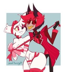 alastor_(hazbin_hotel) angel_dust_(hazbin_hotel) gift_wrapped gift_wrapped_female hazbin_hotel male male/female red_clothing tagme white_background white_fur zexal-bunny20