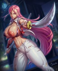 big_breasts damaged_clothes female_only long_hair oc pink_hair scar_on_breasts sword xeviousg