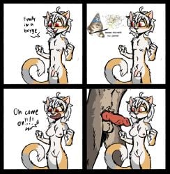 4_panel_comic animal_genitalia animal_penis anthro arcanis_(hahaluckyme) balls bodily_fluids borko_(barkwoofawoo) calico_cat canid canine canine_genitalia canine_penis canis dialogue digital_drawing_(artwork) digital_media_(artwork) dipstick_ears dipstick_tail domestic_cat drooling duo ear_markings english_text erection felid feline felis female fur gender_transformation genitals grey_body grey_fur hi_res humor imminent_sex knot larger_male male mammal markings meme mtf_transformation multicolored_body multicolored_ears multicolored_fur nude nude_anthro nude_female nude_male open_mouth open_smile penis penis_size_difference pink_penis pussy red_eyes saliva size_difference smaller_female smile solo speech_bubble standing tail tail_markings tan_body tan_fur teeth text theblueberrycarrots transformation white_body white_fur wolf yellow_body yellow_fur