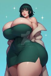 1girls ai_generated big_ass big_breasts bloodytarnished breasts_bigger_than_head coat curvaceous curvy_female dress eyes female female_only fubuki_(one-punch_man) green_eyes green_hair huge_ass hyper hyper_ass hyper_breasts large_breasts light-skinned_female light_skin minidress necklace one-punch_man paag standing taking_clothes_off taking_off_jacket thick thick_thighs voluptuous voluptuous_female wide_hips