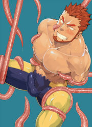 1boy abs auburn_hair bara blush bulge erection ginger male male_only muscle muscles naop pecs red restrained solo teeth tentacle tentacle_on_male topless torn_clothes