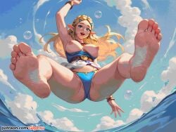 ai_generated barefoot blonde_hair blue_eyes breasts breasts_out elf elf_ears elf_female feet foot_fetish foot_focus gigatsu in_air long_hair nipples panties sole_female soles the_legend_of_zelda toes water zelda_(breath_of_the_wild)