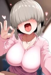 ai_generated artist_request blush fellatio_gesture gigantic_breasts grey_hair hair_over_eyes huge_breasts light-skinned_female light_skin massive_breasts short_hair shortstack solo_female sweater thick_body thick_female tongue_out uzaki-chan_wa_asobitai! uzaki_yanagi voluptuous voluptuous_female