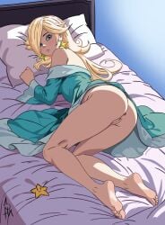 ass bed blue_dress blue_eyes embarrassed feet hair_over_one_eye legs looking_at_viewer princess_rosalina pussy silver_hair solo super_mario_galaxy