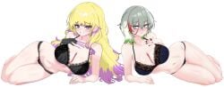 2girls absurdres astellar_diabellstar_(sinful_spoils) black_bra black_panties blonde_hair blue_eyes bra breasts cleavage diabellstar_the_black_witch diabellze_the_original_sinkeeper duel_monster elzette_diabelleze_(sinful_spoils) female female_only full_body grey_eyes heterochromia highres huge_breasts konami looking_at_viewer lying multiple_females multiple_girls navel oldsickkim on_floor on_side panties purple_eyes sinful_spoils_(yu-gi-oh!) smile thighs underwear underwear_only yu-gi-oh!
