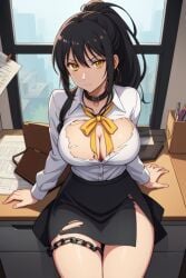 ai_generated aikawa_shuuko big_breasts black_hair ecstas_online golden_eyes office_lady ponytail torn_clothes yellow_ribbon