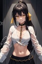 ai_generated aikawa_shuuko big_breasts black_hair ecstas_online golden_eyes office_lady torn_clothes yellow_ribbon