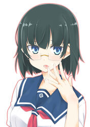 black_hair blush clothing cum cum_in_hands facial female glasses haruchika highres itou_ayachi open_mouth school_uniform serafuku serizawa_naoko short_hair solo upper_body