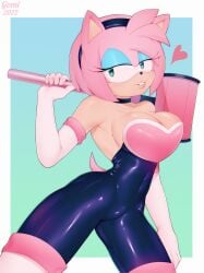 1girls amy_rose amy_the_bat blue_rubber bodysuit breasts female female_focus female_only gomicake hammer hedgehog_girl neckline png rouge_the_bat_(cosplay) rubber rubber_clothing seductive solo sonic_(series) spandex_suit