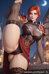 ai_generated assumi breasts cameltoe female huge_ass huge_breasts huge_hips night passion_ai red_hair seductive_look seductive_smile shoulder_armor standing_split stockings warcraft world_of_warcraft