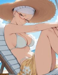 2025 ai_assisted ai_generated anime anime_girl anime_style artist_name ayase_seiko bare_shoulders beach bikini blue_sky breasts brown_eyes cleavage closed_mouth dandadan day female floral_print glasses halterneck hat hi_res high_quality high_res high_resolution highres knees_up large_breasts looking_at_viewer navel outdoors patreon patreon_username red-framed_eyewear rinkoai sarong semi-rimless_eyewear sitting sky smile solo straw_hat sun_hat swimsuit thighs uncensored watermark white_bikini white_hair