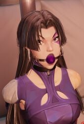 annoyed_expression asylum ball_gag bondage gagged gagged_female looking_at_viewer marvel marvel_rivals pole_tied psylocke torbound