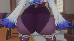 3d ahoge animated ass ass_focus ass_shake bare_shoulders blue_hair bodysuit breasts detached_sleeves female from_behind from_below ganyu_(genshin_impact) genshin_impact gloves goat_horns horns huge_ass jiggle kishi leaning leaning_forward leotard long_hair looking_at_viewer pantyhose purple_eyes smile solo tagme twerking very_long_hair video video