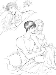 1boy 1boy1girl 1girls alarm_clock annie_leonhardt attack_on_titan bed bed_sheet bertolt_hoover black_hair blonde_hair blush breasts chinese_text cleavage closed_eyes dressing greyscale highres in_bed kuobi_meon long_hair looking_at_another monochrome muscular muscular_male panties partially_clothed romantic romantic_couple shingeki_no_kyojin shirtless sitting sitting_on_bed sitting_on_lap sketch sleeping sleeping_together slight_blush smile sound_effects speech_bubble straight sweatdrop under_covers underwear_only waking_up white_background wholesome