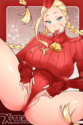 alternate_costume ass between_labia blonde_hair blue_eyes braid breasts cammy_white come_hither condom condom_in_mouth condom_wrapper eyelashes eyeshadow female garrison_cap hair hat headgear huge_ahoge innie_pussy inviting labia large_breasts legs leotard lips long_hair looking_at_viewer makeup mouth_hold naughty_face partially_visible_vulva pussy smile solo spread_legs spread_pussy spread_pussy_under_clothes street_fighter street_fighter_alpha thong_leotard tied_hair twin_braids uncensored x-teal