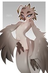 3_fingers anthro avian beak biped bird blue_eyes eyelashes feathers female fingers freckles genitals grey_body grey_feathers hi_res johnfoxart looking_at_viewer lyra_(w4g4) navel nude pussy simple_background solo standing