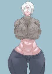 abs bare_midriff barthone crop_top faust_(limbus_company) fit_female huge_breasts jeans large_breasts limbus_company low_rise massive_breasts muscular_female project_moon turtleneck white_hair wide_hips