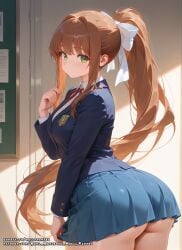 ahoge ai_generated brown_hair doki_doki_literature_club female green_eyes hell-pantsu long_hair monika_(doki_doki_literature_club) school_uniform small_breasts solo