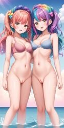 2_pussies bare_legs blue_bra blue_sky happy legs long_hair multicolored_hair pink_bra pink_hair purple_hair pussy rainbow_hair sea slim slim_waist smile water