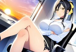 ai_generated aikawa_shuuko big_breasts black_hair crossed_legs ecstas_online golden_eyes office office_lady ponytail