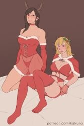 2girls black_hair blonde_hair choker female female_only final_fantasy_vii garter_belt kalruna lingerie red_lingerie rwby stockings tifa_lockhart yang_xiao_long