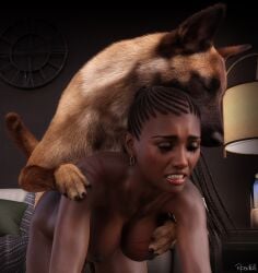 1animal 1girls 3d ambiguous_penetration artist_name black_hair canine clenched_teeth closed_eyes crying dark-skinned_female doggy_style domestic_dog dreadlocks earrings german_shepherd hanging_breasts indoors large_breasts roadkill_(artist) rough_sex scratches sex tears zoophilia