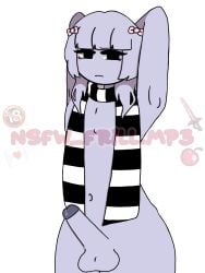 1boy 1femboy annoyed annoyed_expression annoyed_face armpits arms_up_over_head average_penis belly_button bow_ribbon cum cum_drip femboy_only feminine_faced_male feminine_male feminization grumpy incredibox incredibox_mod incredibox_oc liam liam_(sprunki_oc) oc original_character pastel_goth pastel_lilac_(sprunki_oc) perky_breasts perky_tits pink_bow precum purple_body purple_hair purple_penis scarf sprunki sprunki_oc striped_scarf thick_thighs voluptuous_femboy voluptuous_male watermark