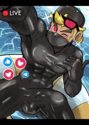 arms_up dick gay livestream masked_male muscles only_male pink_eyes rubber rubber_suit