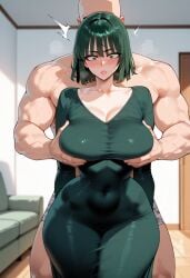 1boy 1girls ai_generated bare_arms bare_legs bare_shoulders bare_thighs big_breasts blush color dress female fubuki_(one-punch_man) grabbing_breasts green_eyes green_hair hand_on_breast hi_res large_breasts light-skinned_female light_skin looking_at_viewer male male/female muscles muscular muscular_male one-punch_man randoai short_hair thick_thighs