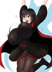 1girls bimbo black_hair blush boots bouncing_breasts breast_focus breasts busty cloak clothed dress female female_only hands_up happy huge_breasts jumping ruby_rose rwby sinensian solo stockings thick_thighs thin_waist voluptuous white_skin