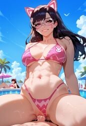 1boy1girl ai_generated bikini cowgirl_position d.va fit_female mixoai naughty_face overwatch overwatch_2 patreon pool riding sex