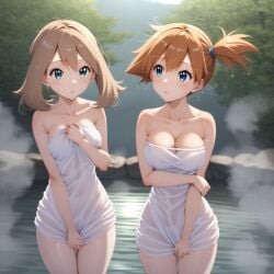 2girls :o ai_generated aqua_eyes arm_under_breasts asymmetrical_hair bangs bare_arms bare_shoulders blue_eyes blush breasts brown_hair clavicle cleavage covered_navel covering cowboy_shot day eyelashes female female female_only green_eyes kasumi_(pokemon) large_breasts looking_at_viewer may_(pokemon) medium_breasts multiple_girls multiple_views naked_towel nude onsen orange_hair outdoors parted_lips partially_submerged pokemon pokemon_(anime) pokemon_(classic_anime) pokemon_(game) pokemon_character ponytail rock short_hair side_ponytail standing steam thighs tied_hair towel tree wading water wet