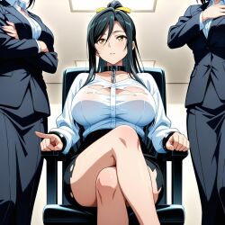 ai_generated aikawa_shuuko big_ass black_hair chains crossed_legs ecstas_online golden_eyes office office_lady ponytail torn_clothes